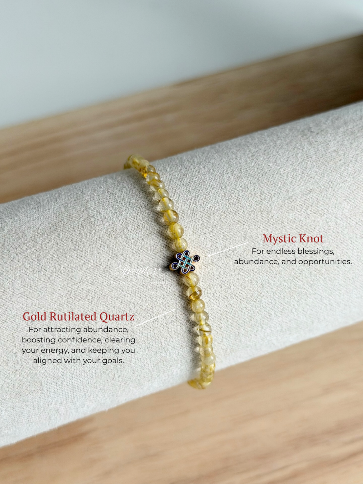 Gold Rutilated Quartz Bracelet in Minimalist Mystic Knot with Sizes 2.5mm AURA6