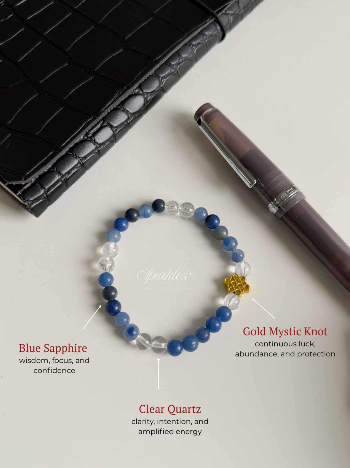 Blue Sapphire + Clear Quartz in Gold Mystic Knot Bracelet with Sizes 6mm AURA8