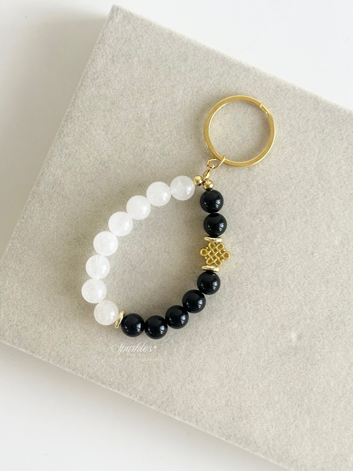 charm59 Onyx & White Jade Bag Charm with Mystic Knot