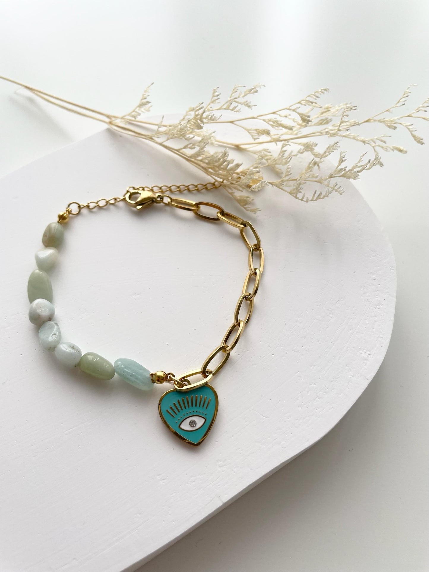 Teal evil eye with jade beads bracelet