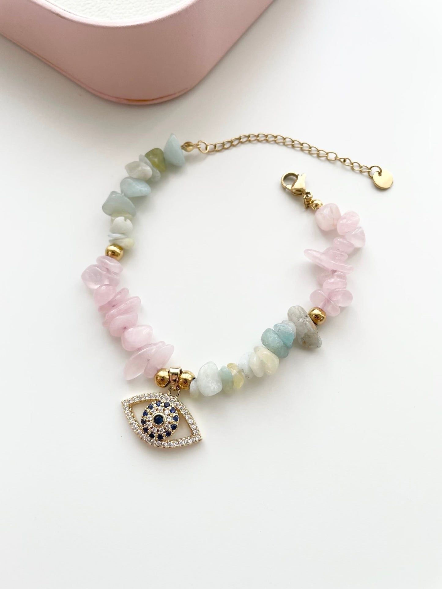 Jade and Rose quartz evil eye beads bracelet