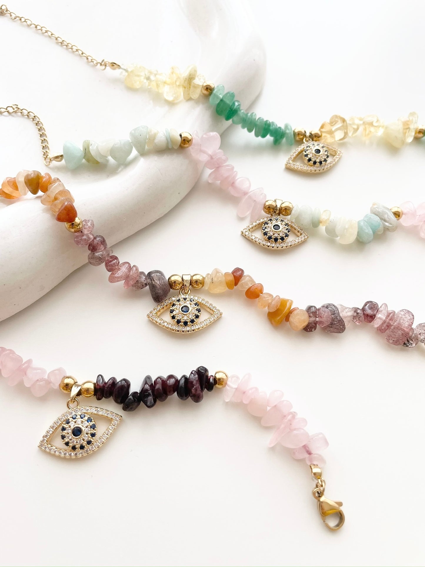 Jade and Rose quartz evil eye beads bracelet