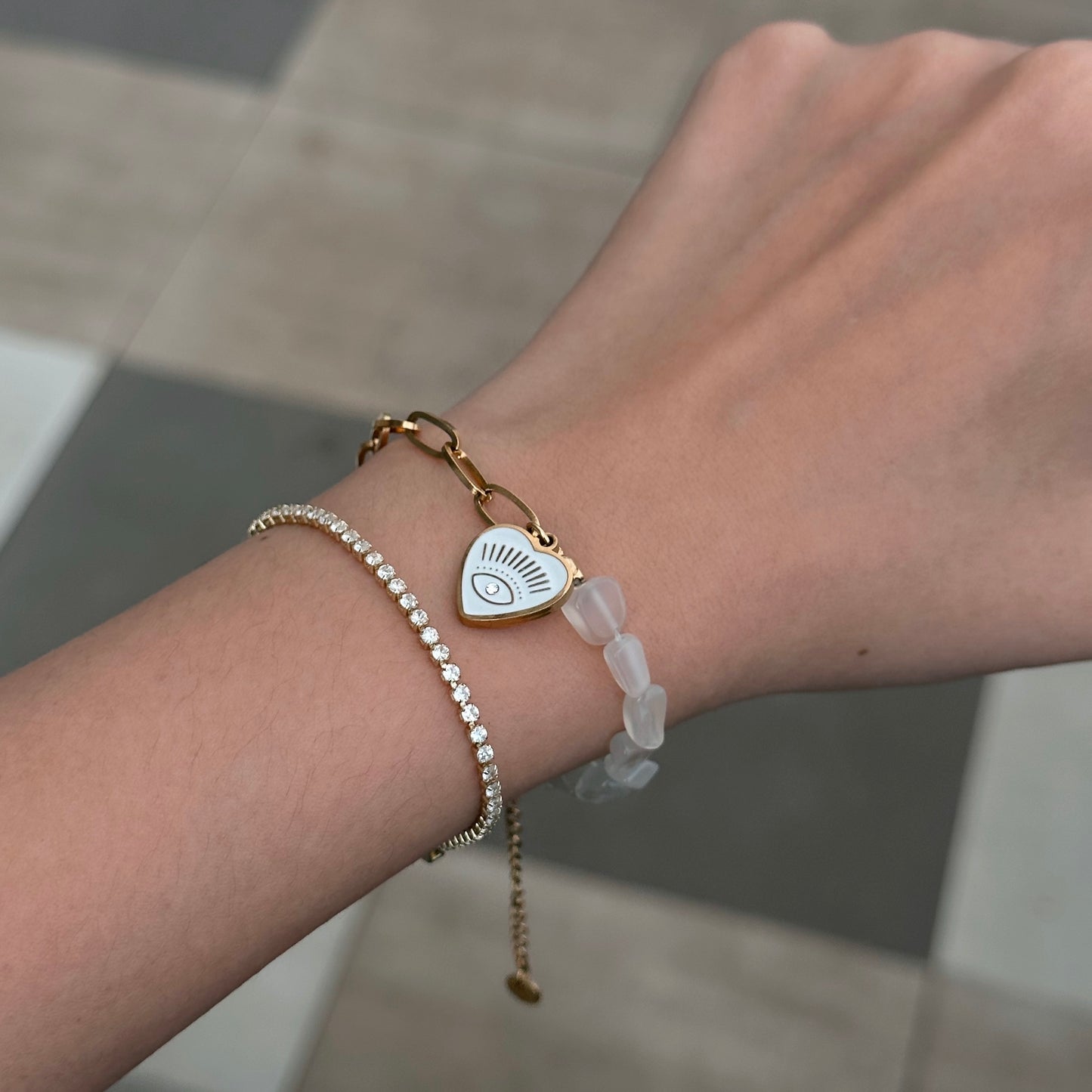 White evil eye with moonstones beads bracelet