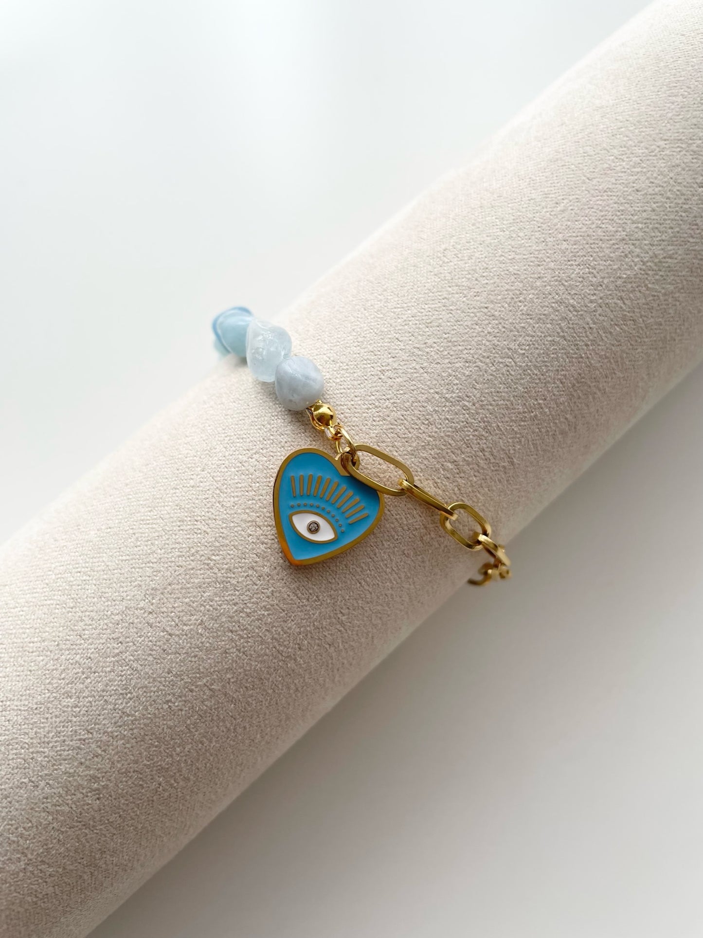 Blue evil eye with aquamarine beads bracelet