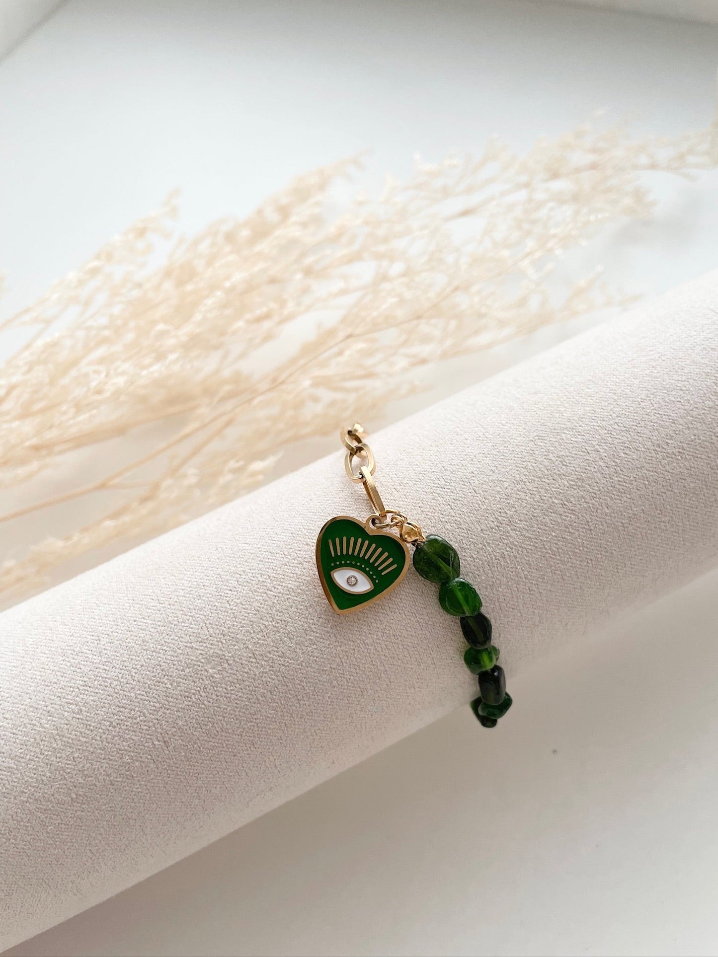 Green evil eye with emerald  beads bracelet