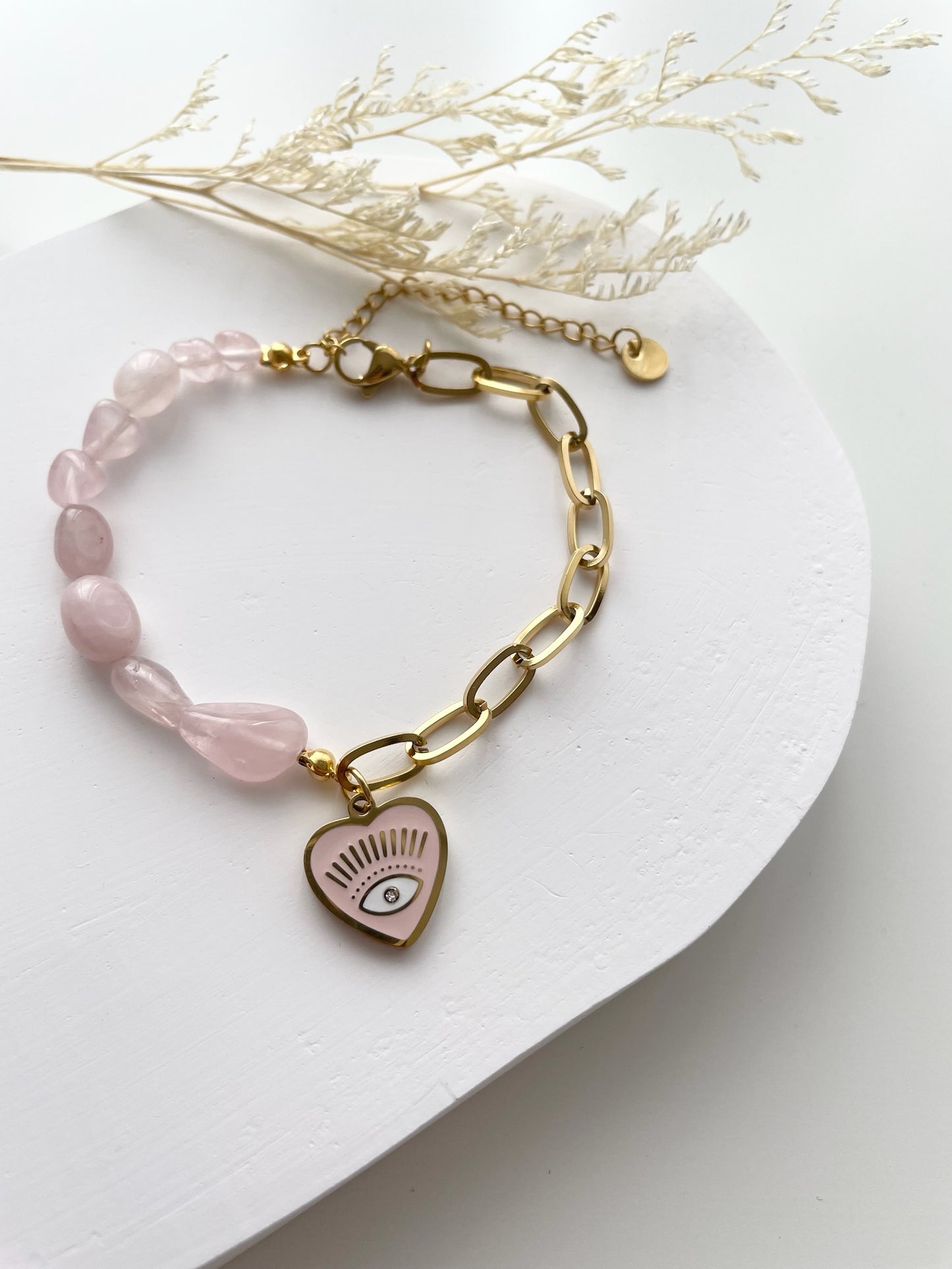 Pink evil eye with rose quartz beads bracelet