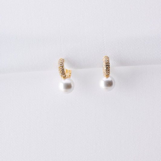 Stone Hoop With Pearl Gold Earrings