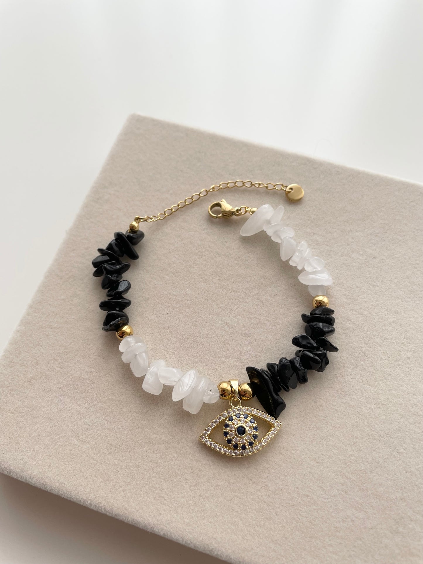 Obsidian and moonstone evil eye bracelet