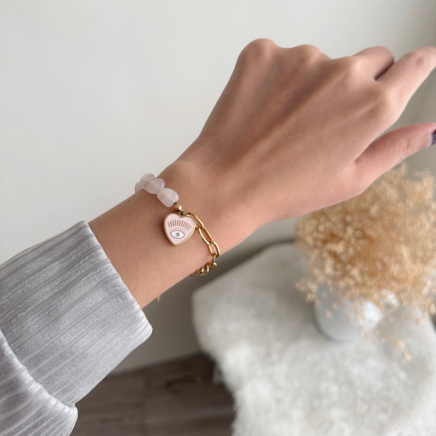 Pink evil eye with rose quartz beads bracelet