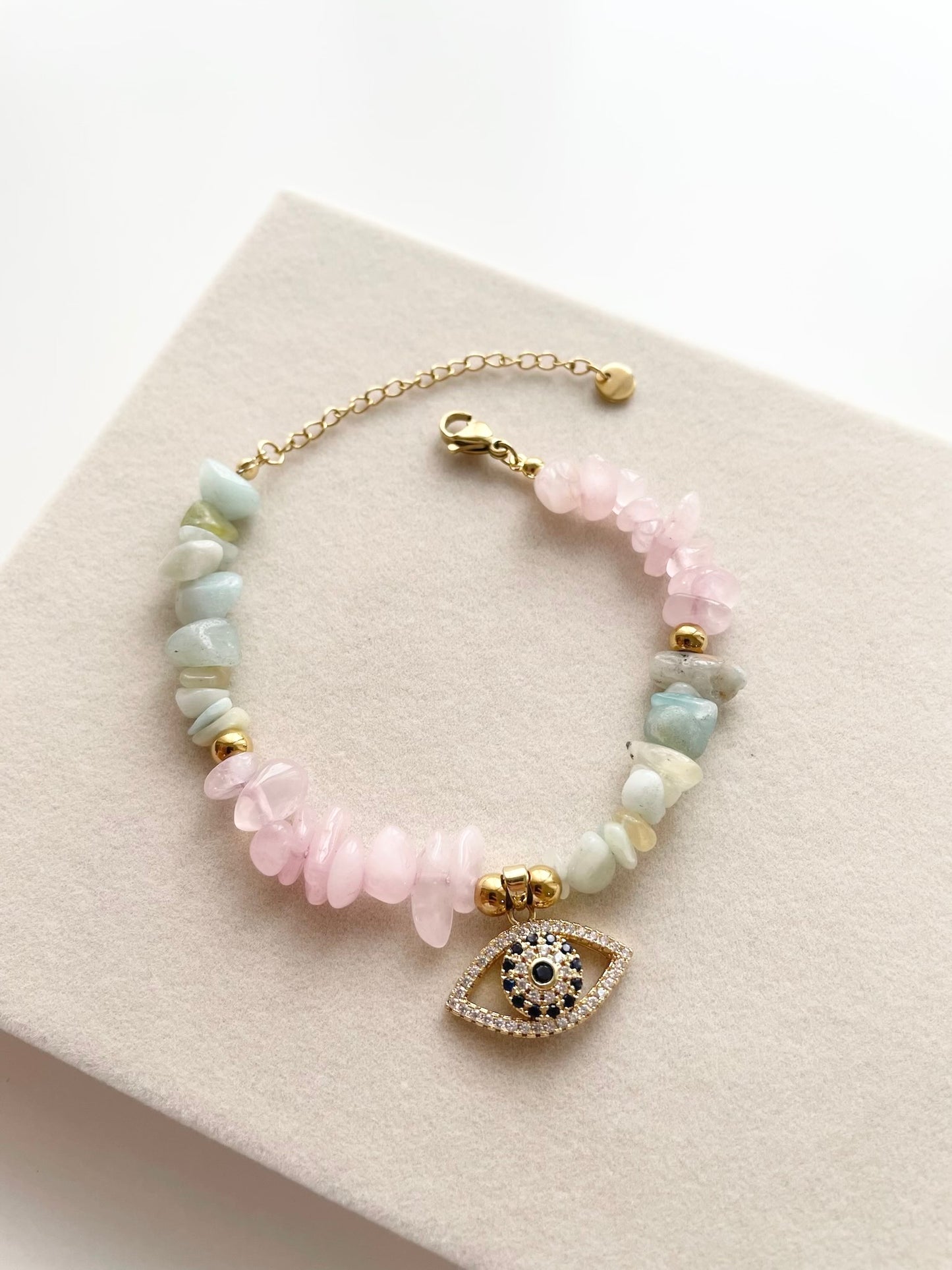 Jade and Rose quartz evil eye beads bracelet