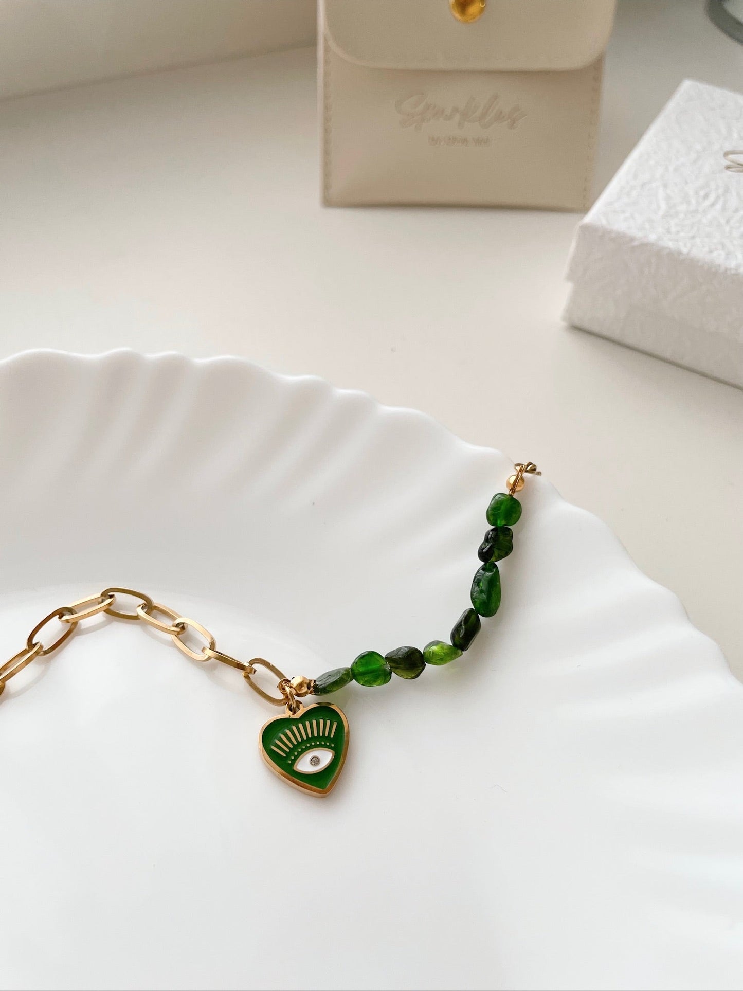 Green evil eye with emerald  beads bracelet