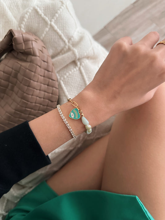 Teal evil eye with jade beads bracelet