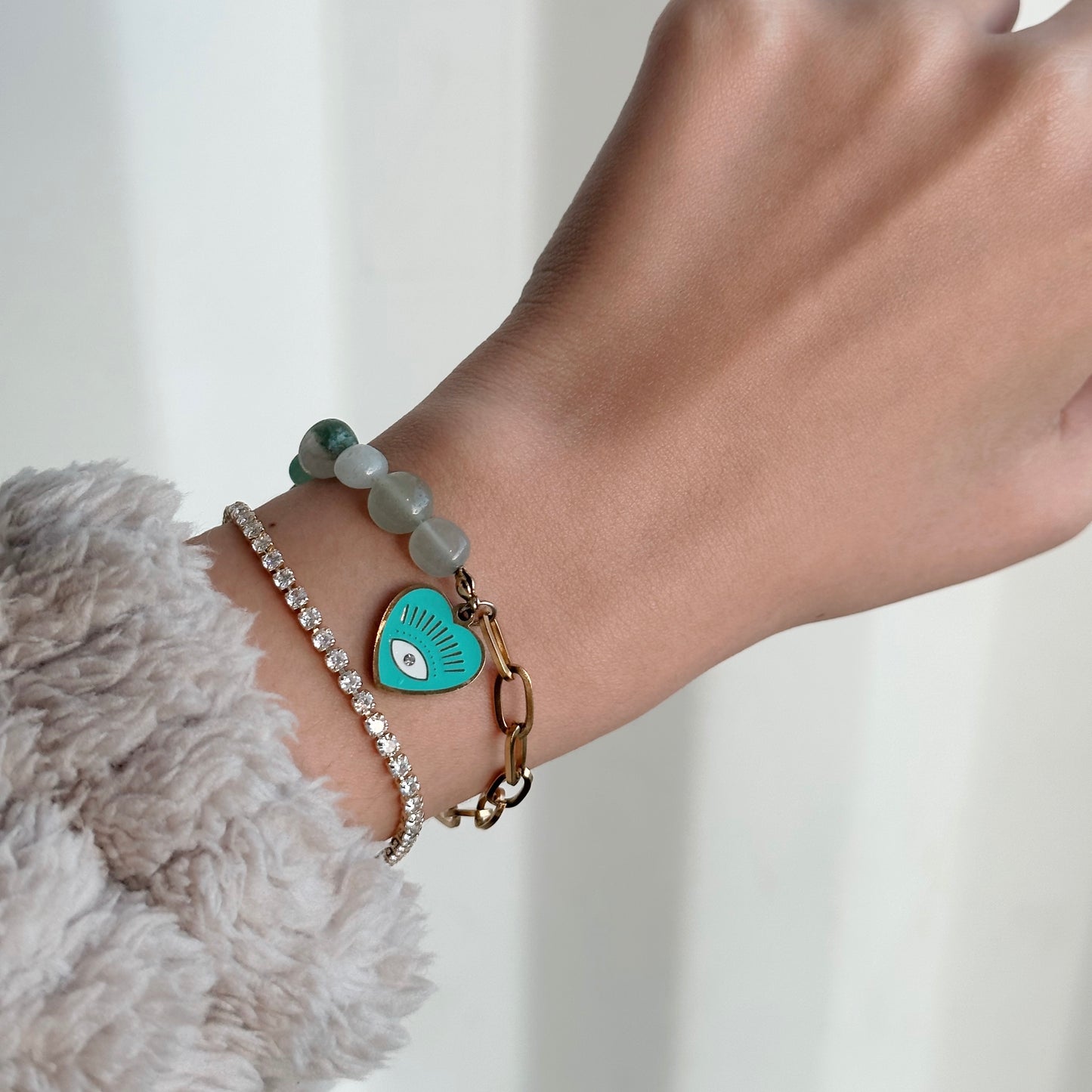 Teal evil eye with jade beads bracelet