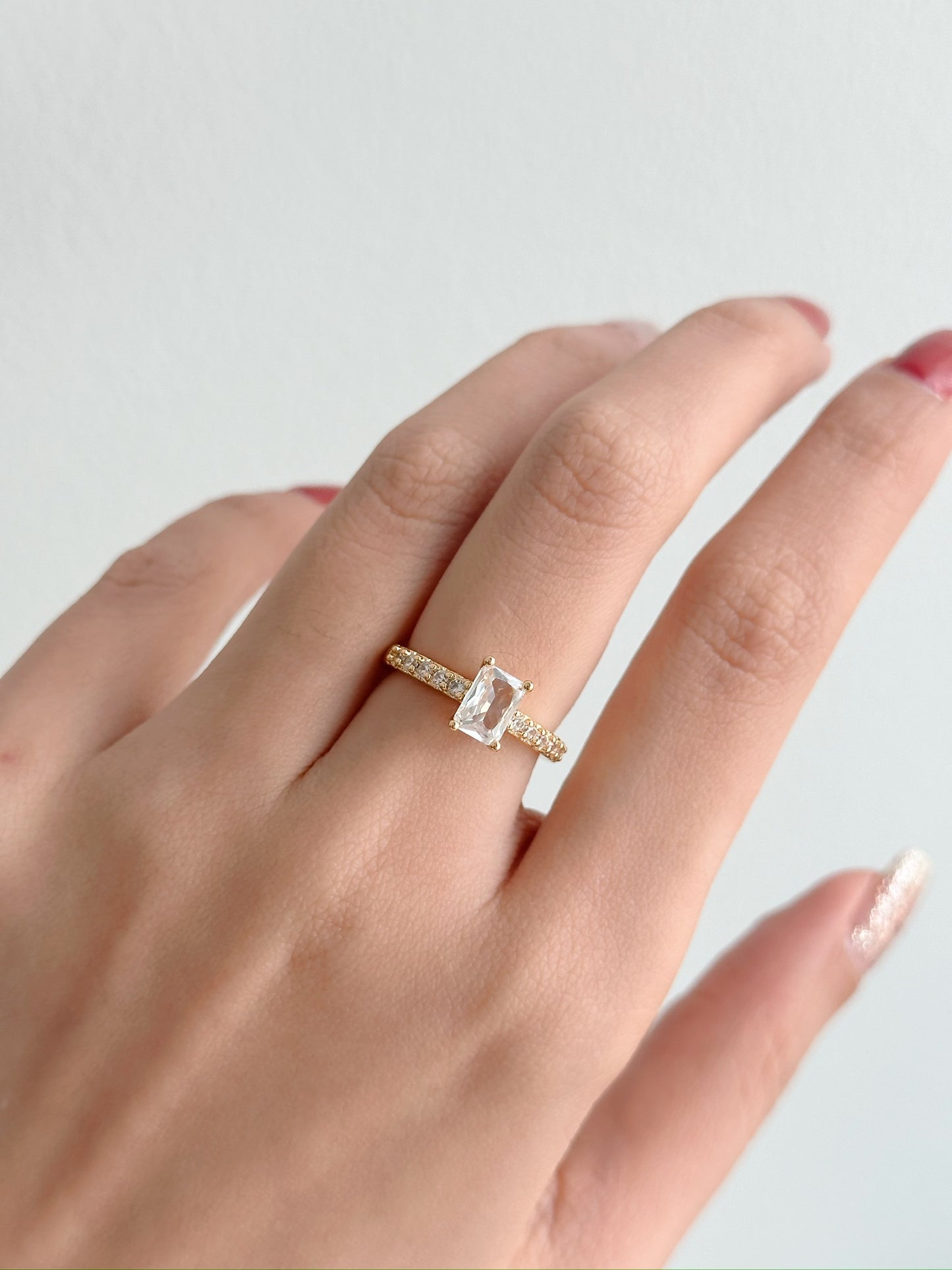 White rectangle cut stone ring