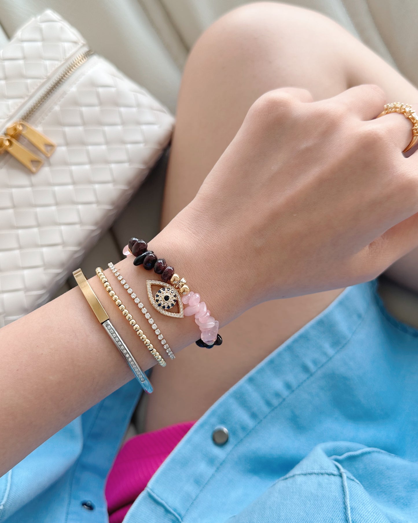 Rose quartz and Garnet evil eye beads bracelet