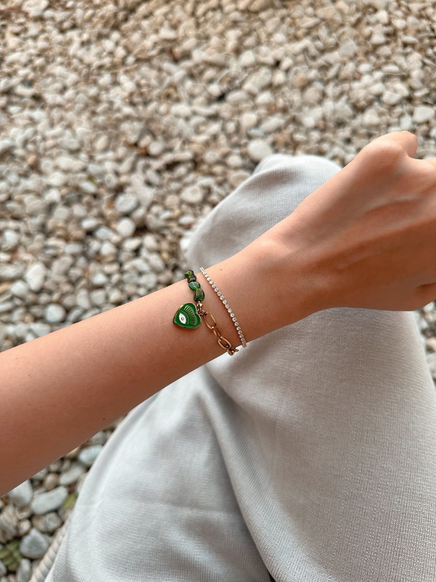 Green evil eye with emerald  beads bracelet