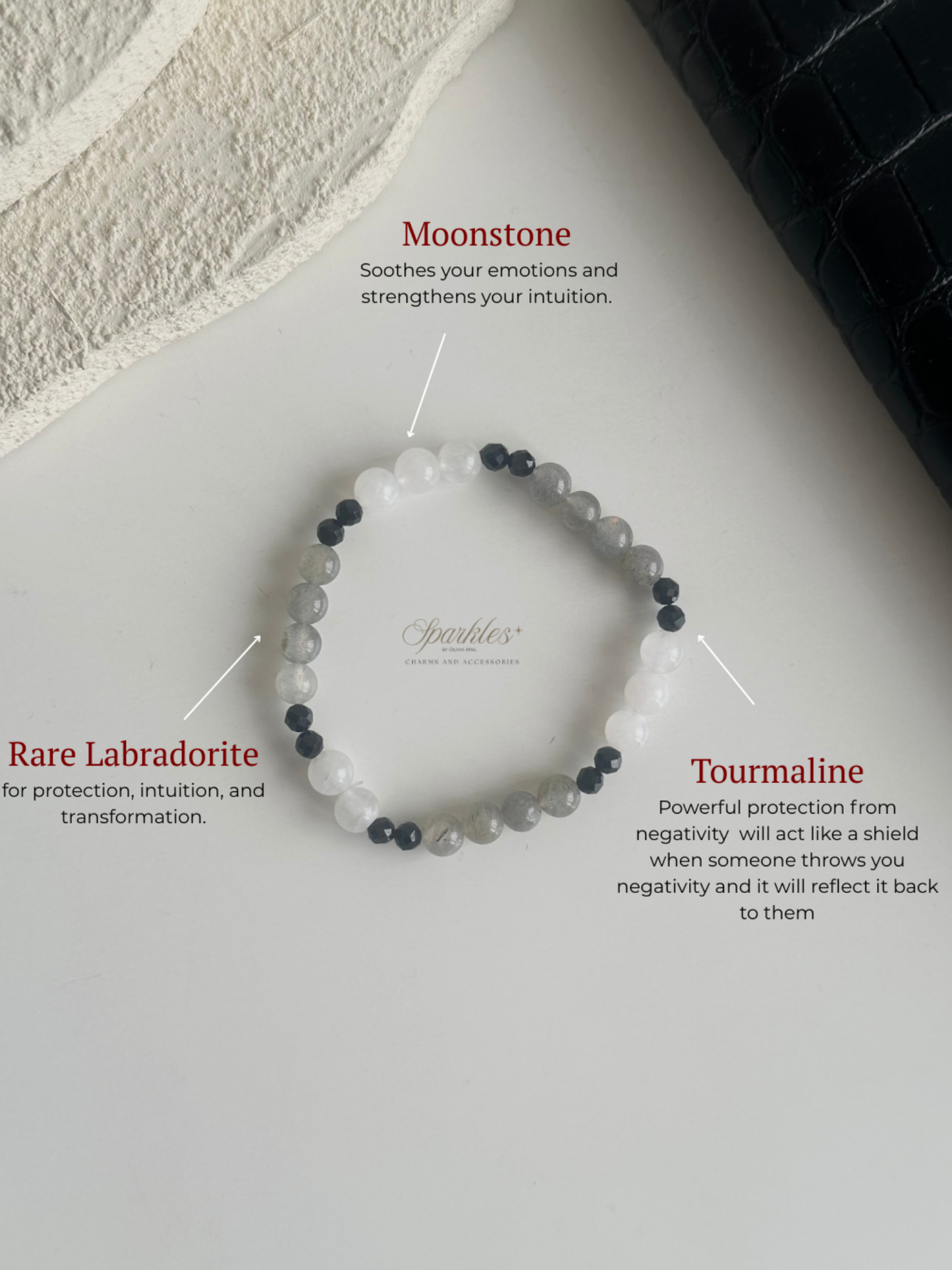Rare Labradorite + Moonstone + Black Tourmaline Bracelet with Sizes Aura10