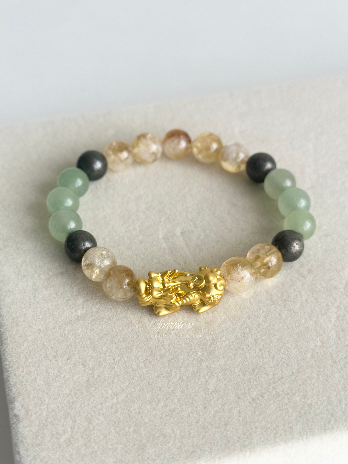 Green Aventurine + Citrine + Pyrite + Gold Piyao Bracelet with Sizes 8mm Aura11