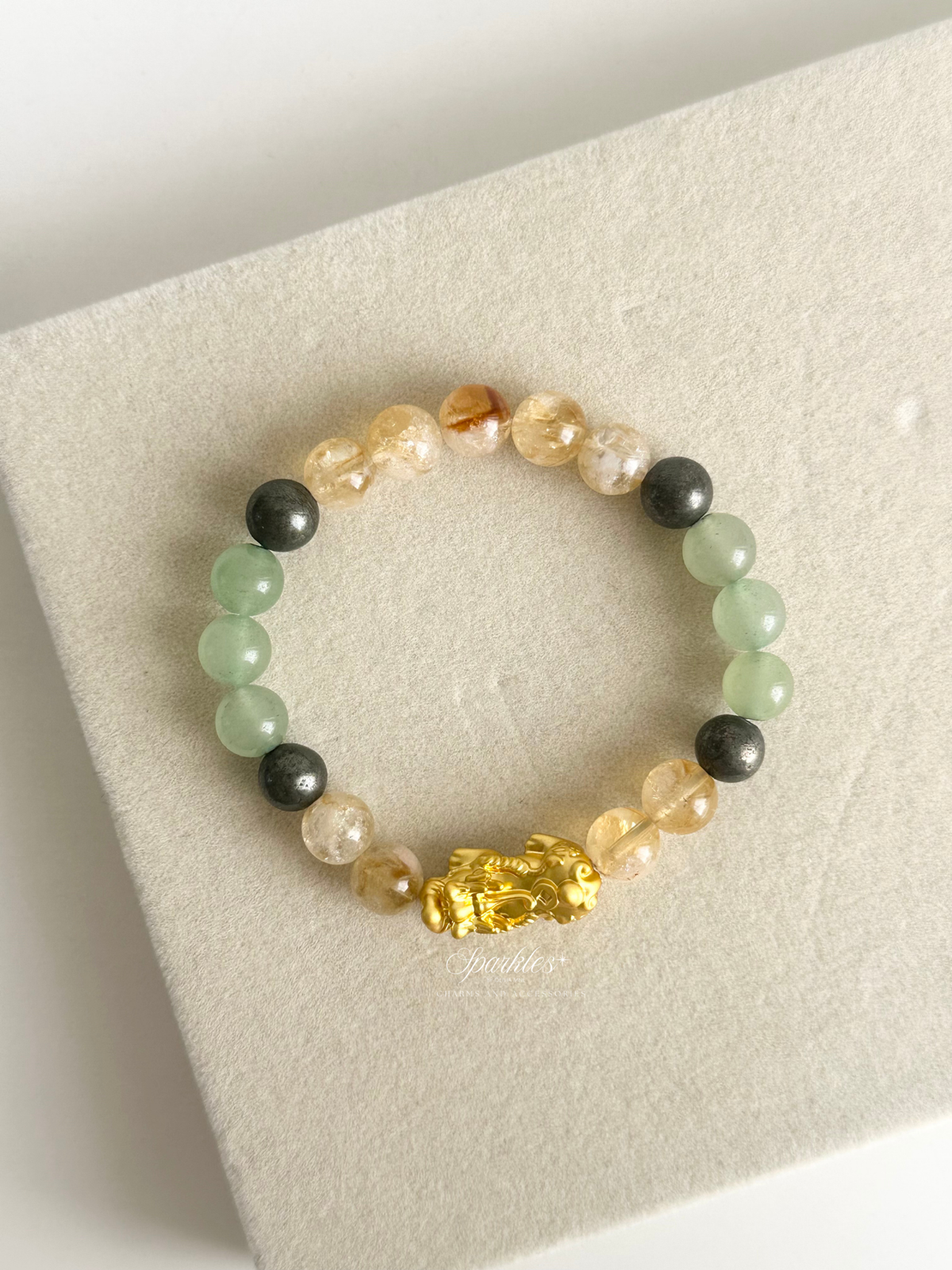 Green Aventurine + Citrine + Pyrite + Gold Piyao Bracelet with Sizes 8mm Aura11