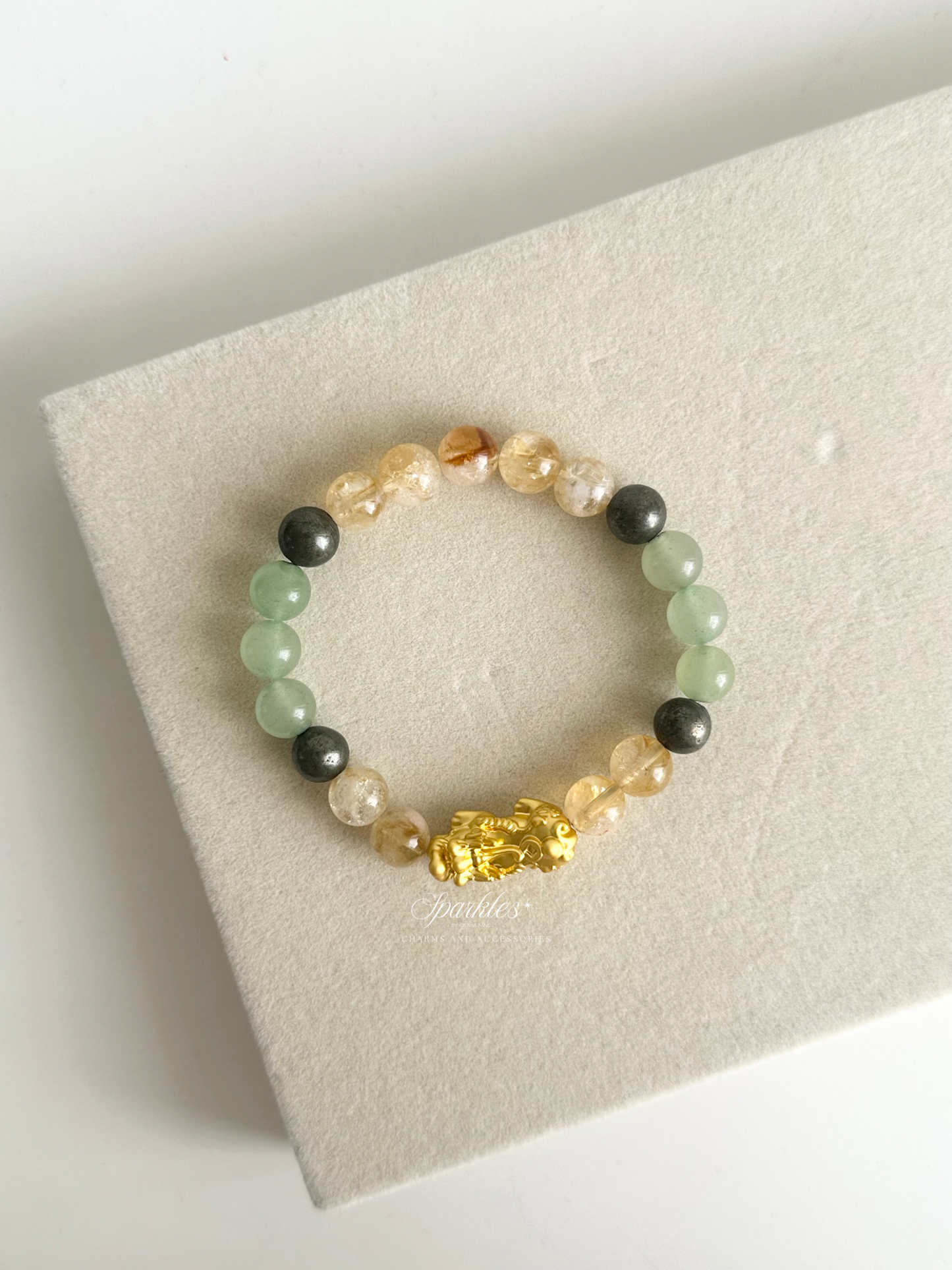 Green Aventurine + Citrine + Pyrite + Gold Piyao Bracelet with Sizes 8mm Aura11
