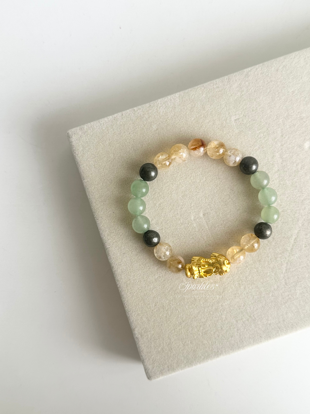 Green Aventurine + Citrine + Pyrite + Gold Piyao Bracelet with Sizes 8mm Aura11
