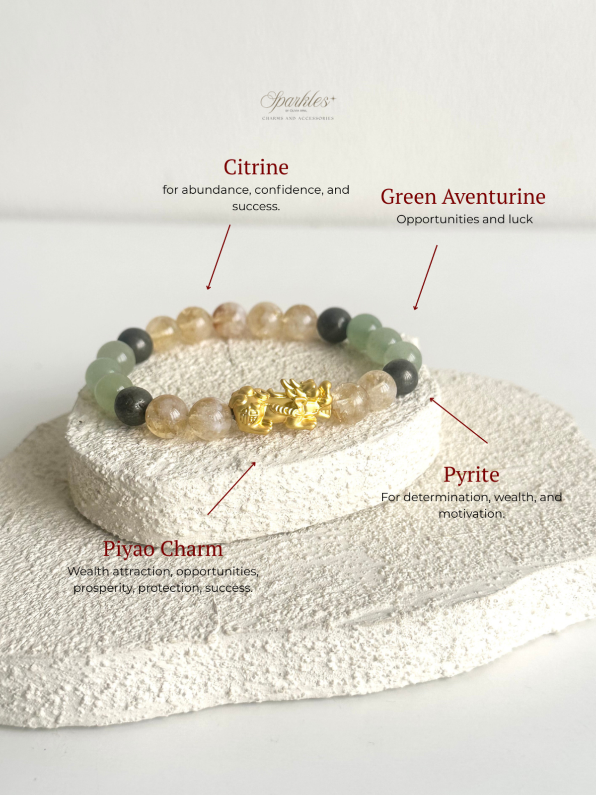 Green Aventurine + Citrine + Pyrite + Gold Piyao Bracelet with Sizes 8mm Aura11