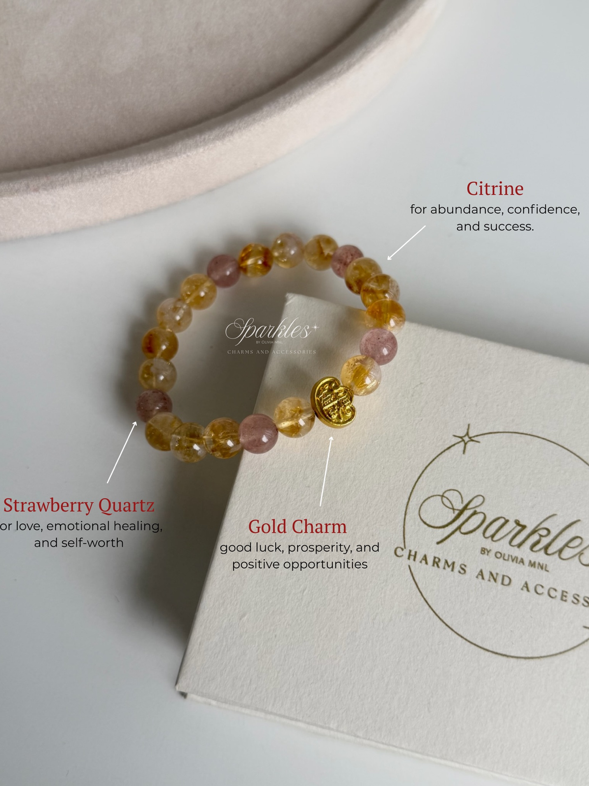 Strawberry Quartz + Citrine Stones in Cloud Charm Bracelet with Sizes 8mm AURA1