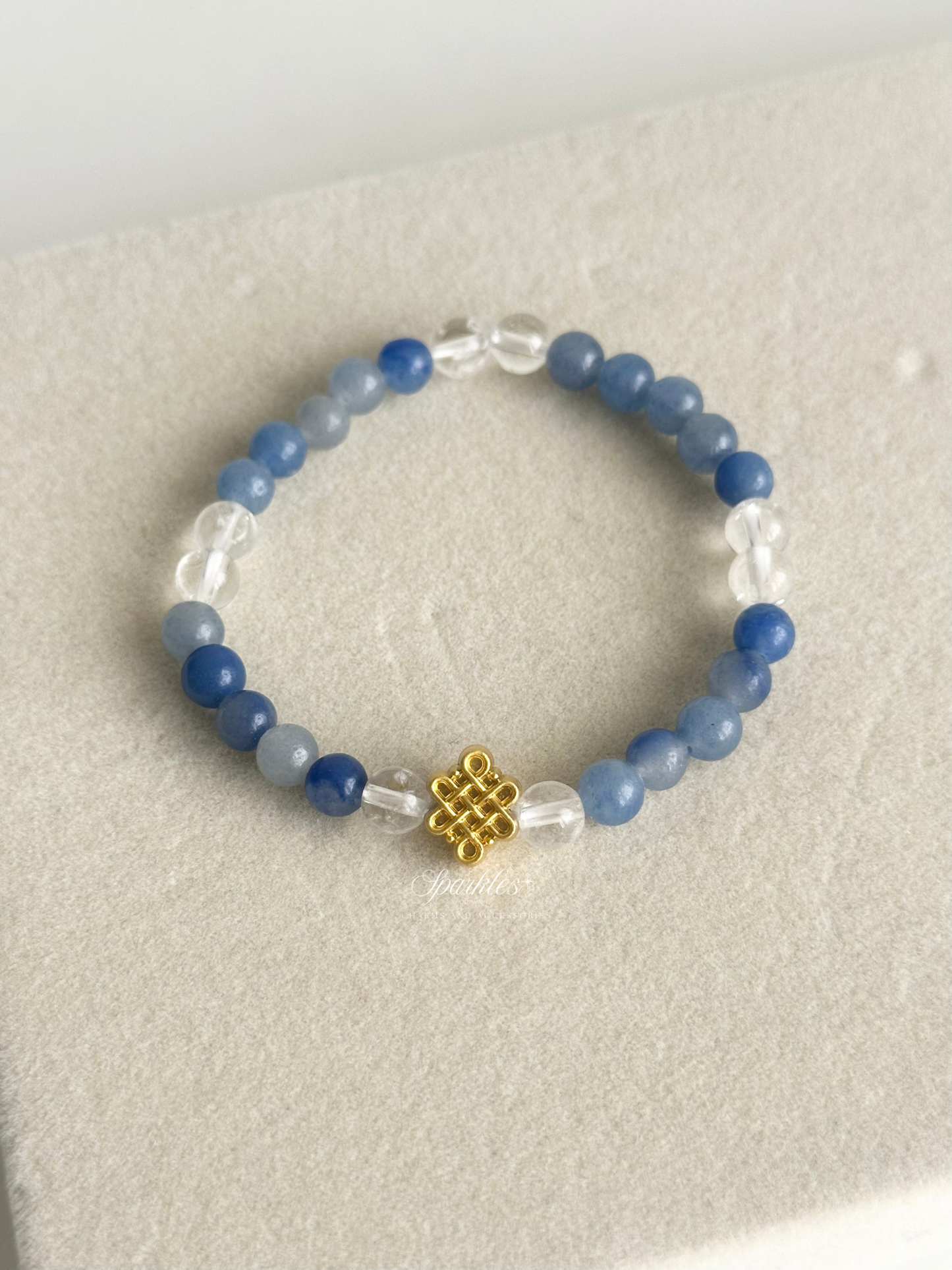Blue Sapphire + Clear Quartz in Gold Mystic Knot Bracelet with Sizes 6mm AURA8