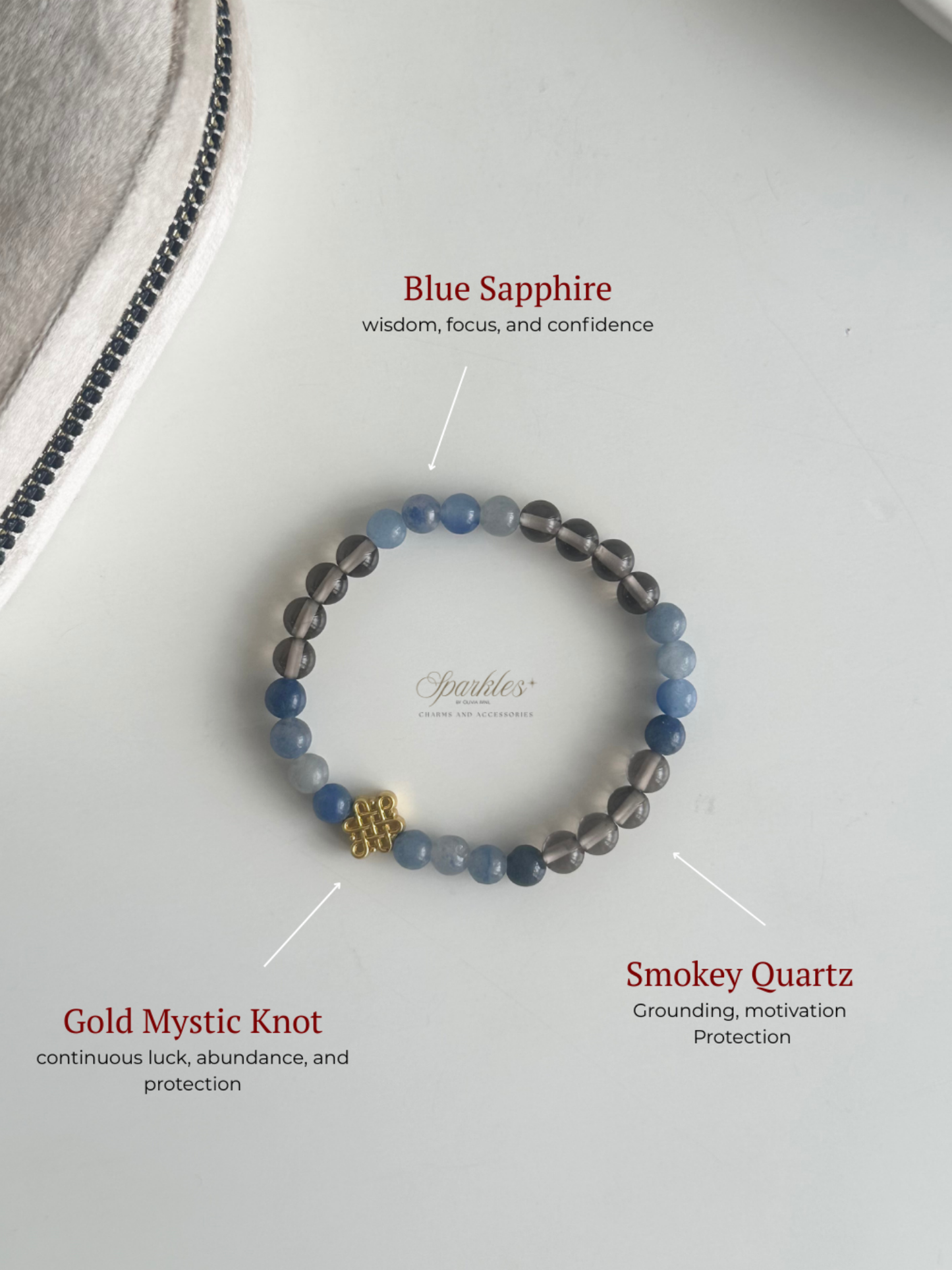 Blue Sapphire + Smoky Quartz Stone with Mystic Knot Bracelet 6mm Aura9