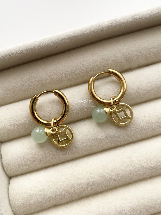 ch12 Jade with Money Symbol Hoop Earrings