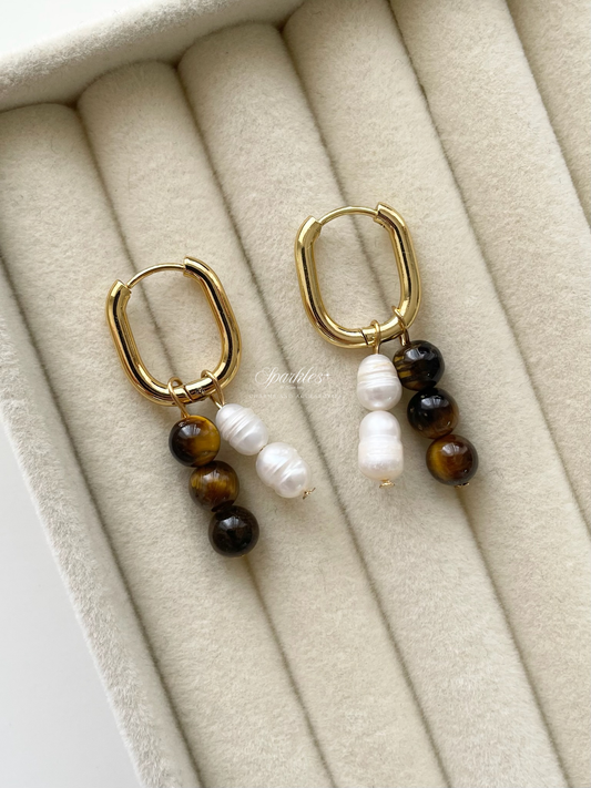ch7 Tiger's Eye with Pearl Hoop Earrings
