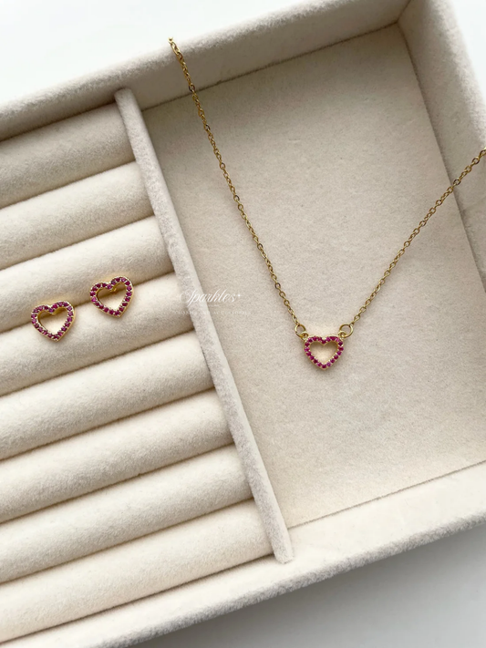 nset3 Magenta Stone Heart Gold Set