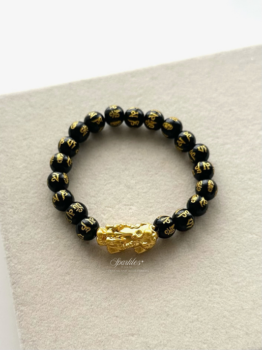 14k Gold Plated Piyao Black Mantra 8mm Bracelet
