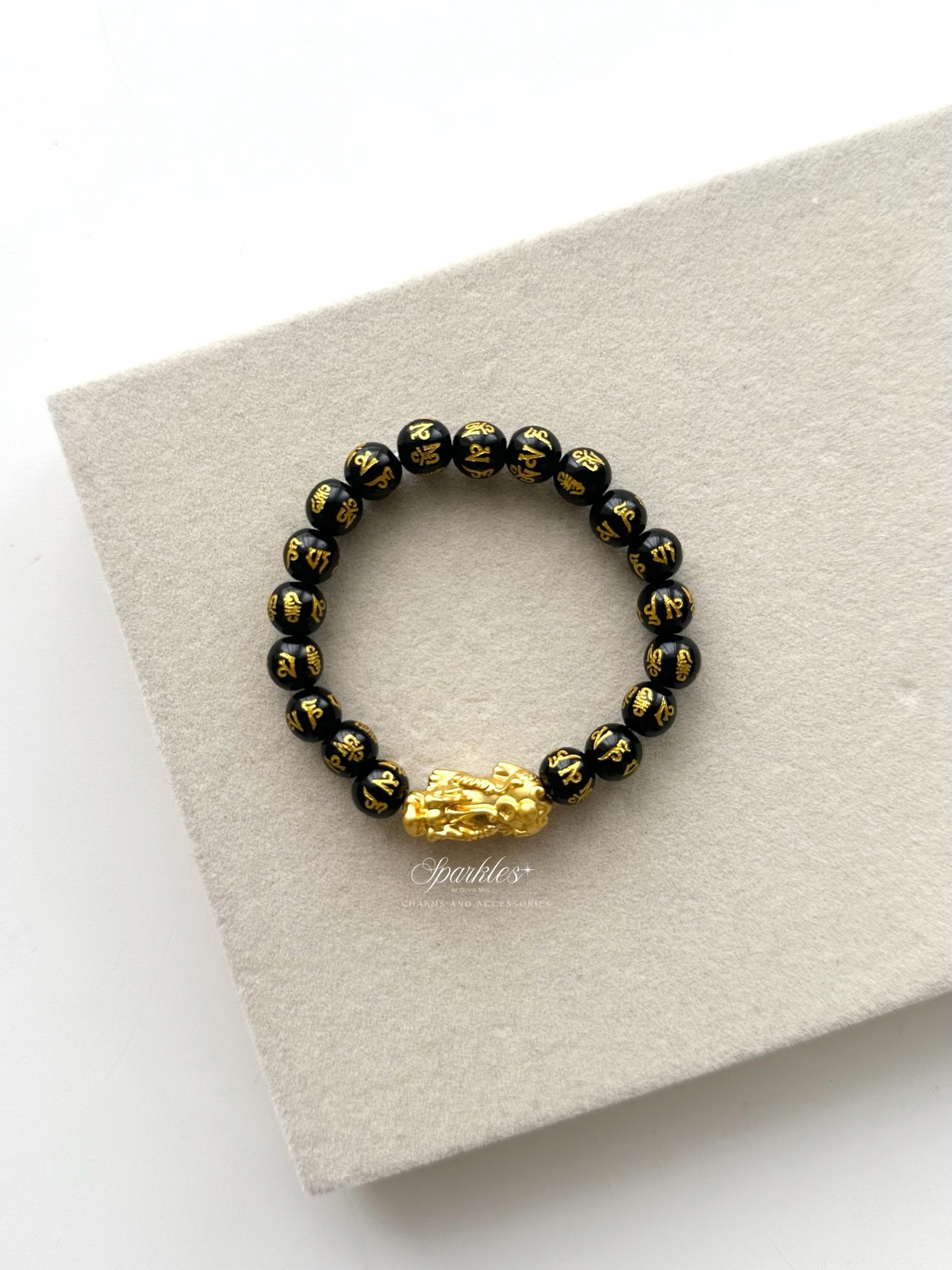 14k Gold Plated Piyao Black Mantra 8mm Bracelet